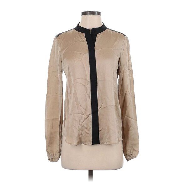 Theory Tan & Black Silk Long Sleeve Henley Blouse Womens Top Size Small - Picture 1 of 3